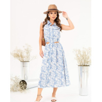 Голубое льняное платье-рубашка с вырезами