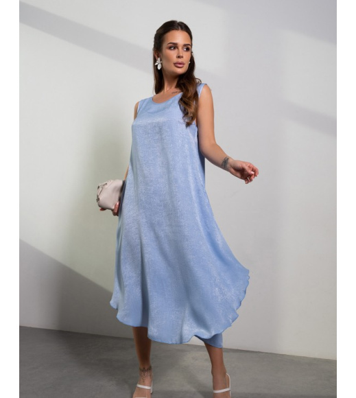 Голубой сатиновый сарафан с ассиметричным низом