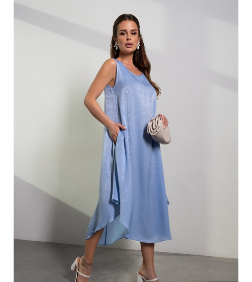 Голубой сатиновый сарафан с ассиметричным низом