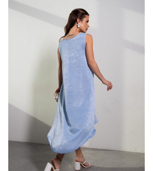 Голубой сатиновый сарафан с ассиметричным низом