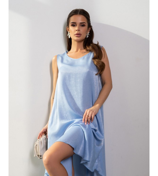 Голубой сатиновый сарафан с ассиметричным низом