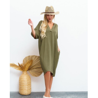Свободное платье цвета хаки с V-образной горловиной