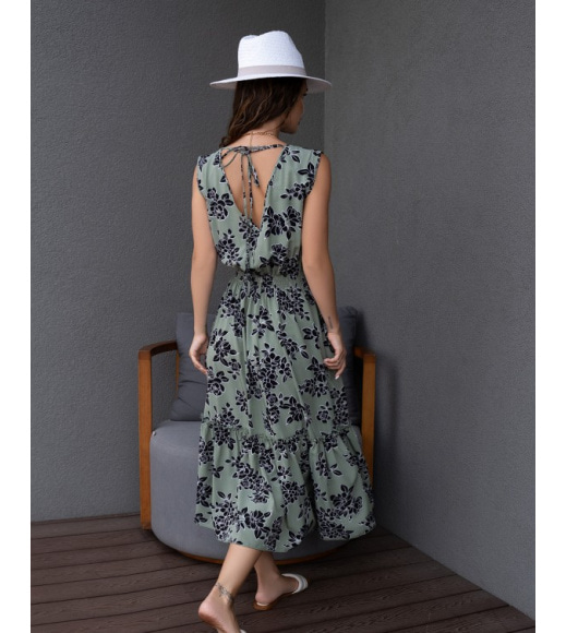 Оливковое цветочное платье с вырезами