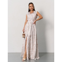 Бело-коричневое льняное платье-рубашка без рукавов