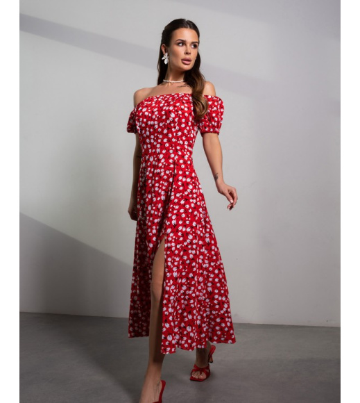 Красное ретро платье из цветочного хлопка