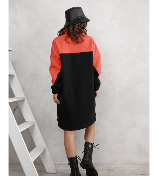 Черно-оранжевое теплое асимметричное платье с карманами