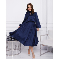 Синее шелковое платье с воротником-бантом