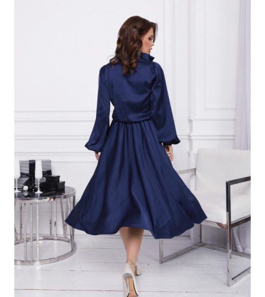 Синє шовкове плаття з коміром-бантом