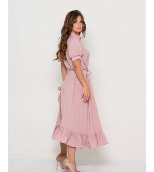 Розовое платье на пуговицах с кулиской на талии