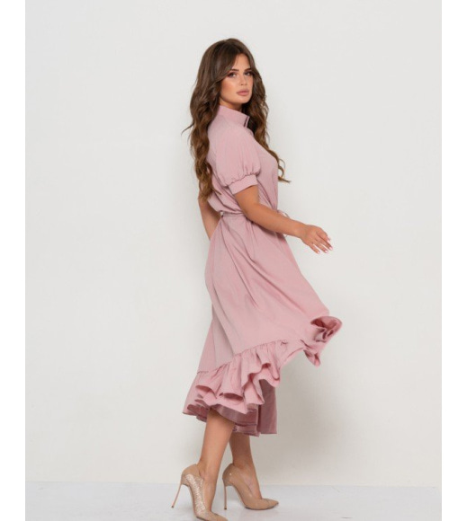 Розовое платье на пуговицах с кулиской на талии