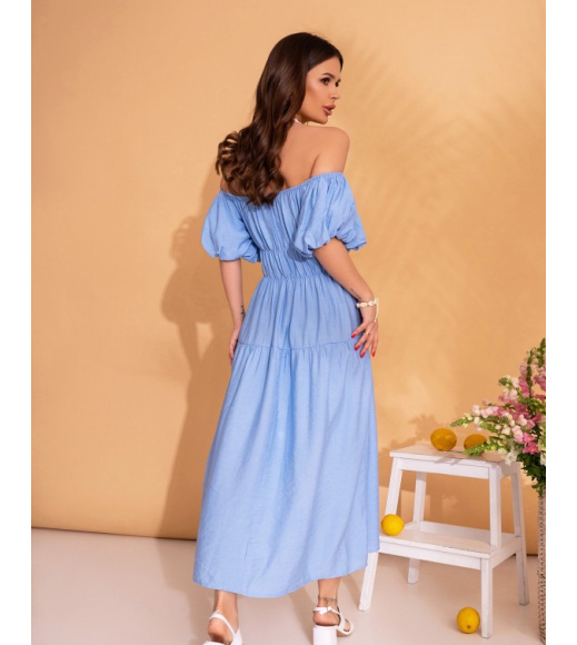 Блакитна лляна сукня з рукавами-буфами