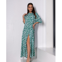 Зеленое платье-рубашка с орнаментом и боковыми разрезами