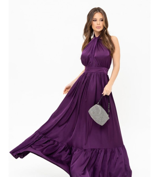 Фіолетова шовкова довга сукня з відкритою спиною