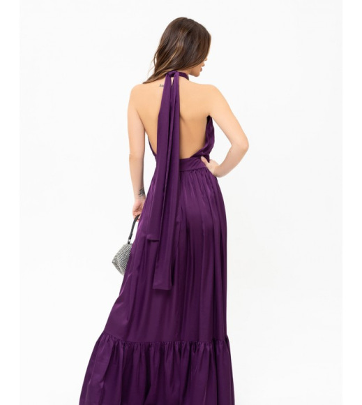 Фіолетова шовкова довга сукня з відкритою спиною