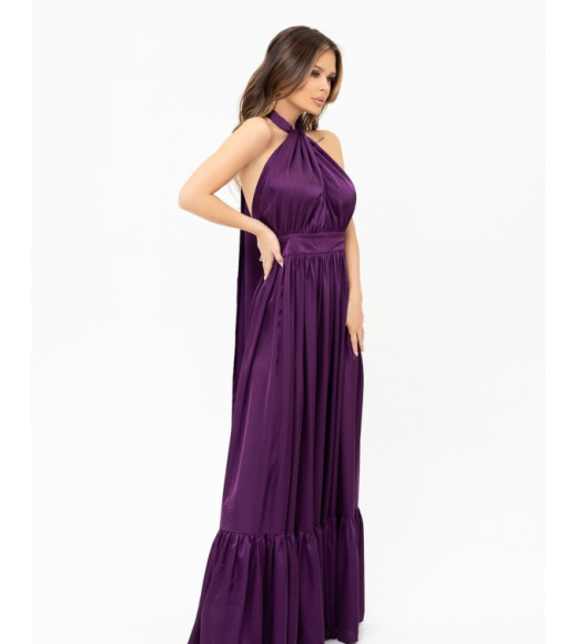 Фиолетовое шелковое длинное платье с открытой спиной