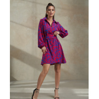 Сине-красное принтованное платье-трапеция с воротником