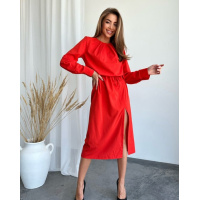 Коралловое платье с кулиской и разрезом