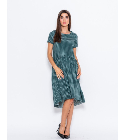 Зеленое в горошек асимметричное платье с рюшами