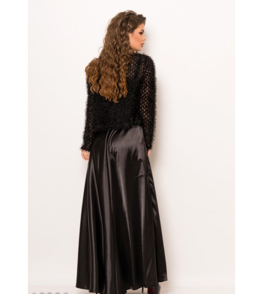 Чорна вечірнє атласна сукня на бретелях зі знімним болеро