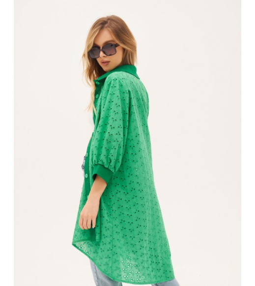 Зеленое асимметричное хлопковое платье-рубашка