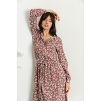 Пудрое прямое принтованное цветами миди платье с длинным рукавом Seventeen 2160.5661