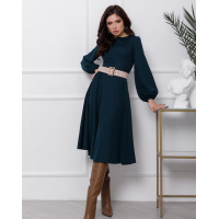 Темно-зеленое классическое платье с объемными рукавами