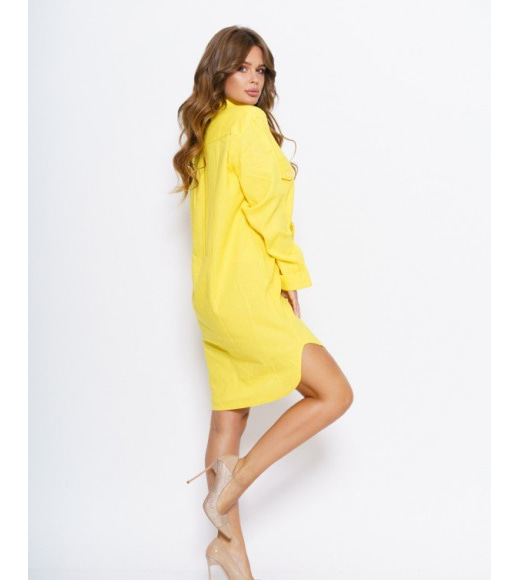 Желтое асимметричное платье-рубашка с карманами