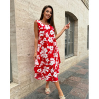 Красное асимметричное платье с принтом