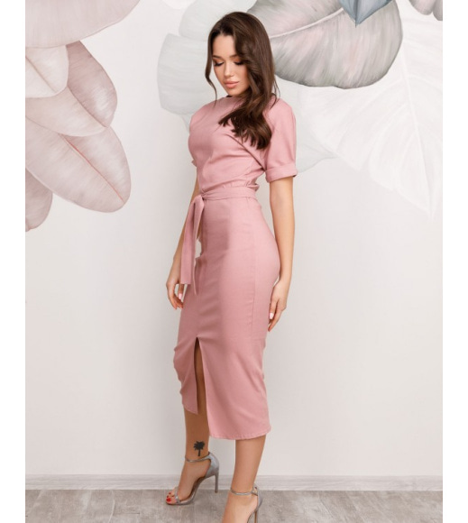Розовое коттоновое платье с подворотами на рукавах