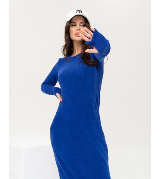 Синя ангорова довга сукня з кишенями