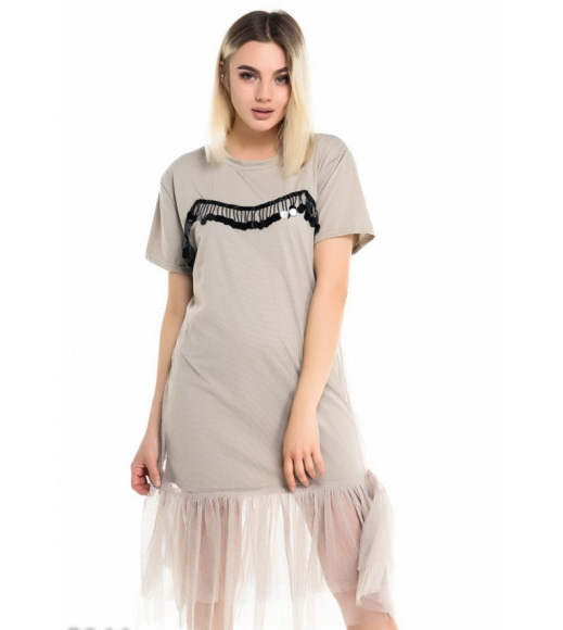 Серое платье-футболка с фатиновым подолом