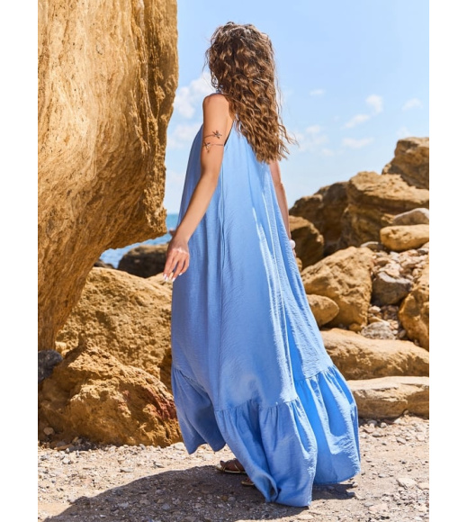 Длинный расклешенный сарафан из голубого льна