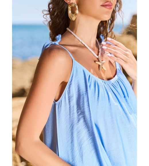 Длинный расклешенный сарафан из голубого льна