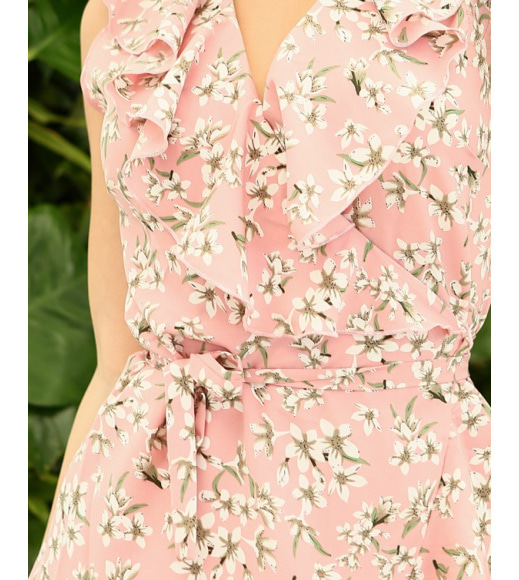 Розовое цветочное мини платье с воланами