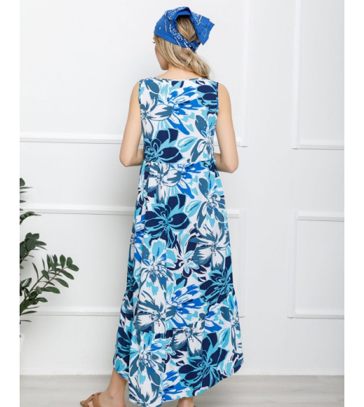 Сине-белое асимметричное платье с воланом