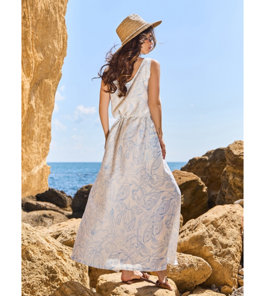 Бело-голубое длинное льняное платье на пуговицах