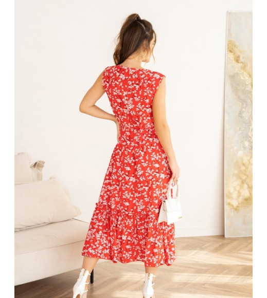 Красное хлопковое платье без рукавов с цветочным принтом