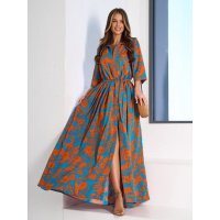 Длинное оранжево-бирюзовое платье с разрезом