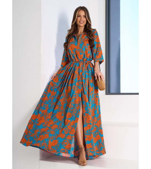 Длинное оранжево-бирюзовое платье с разрезом