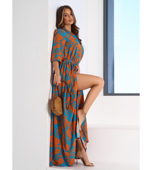 Длинное оранжево-бирюзовое платье с разрезом