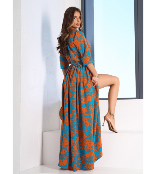 Длинное оранжево-бирюзовое платье с разрезом