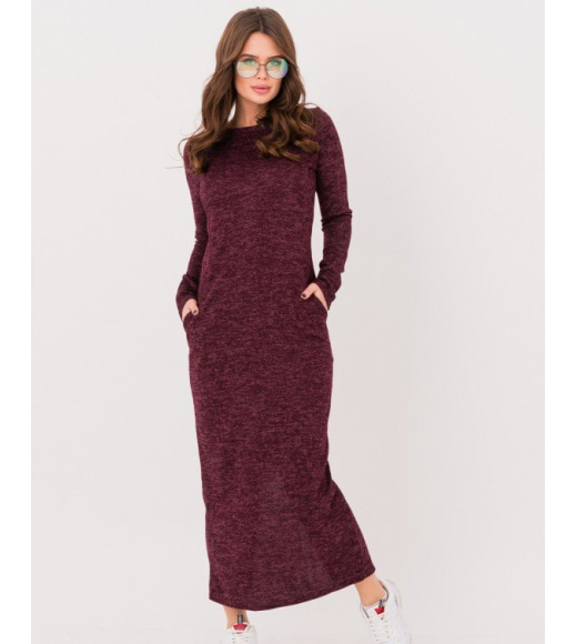 Бордовое ангоровое длинное платье с карманами