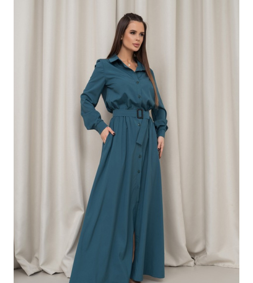 Бирюзовое платье-рубашка с длинными рукавами