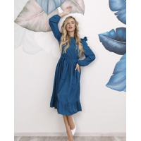 Бирюзовое приталенное платье с рюшами