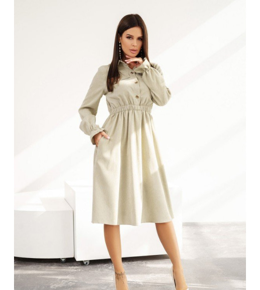 Оливкова вельветова сукня-сорочка з довгими рукавами