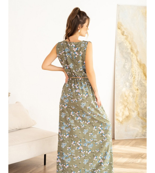 Довга квіткова сукня кольору хакі з розрізом