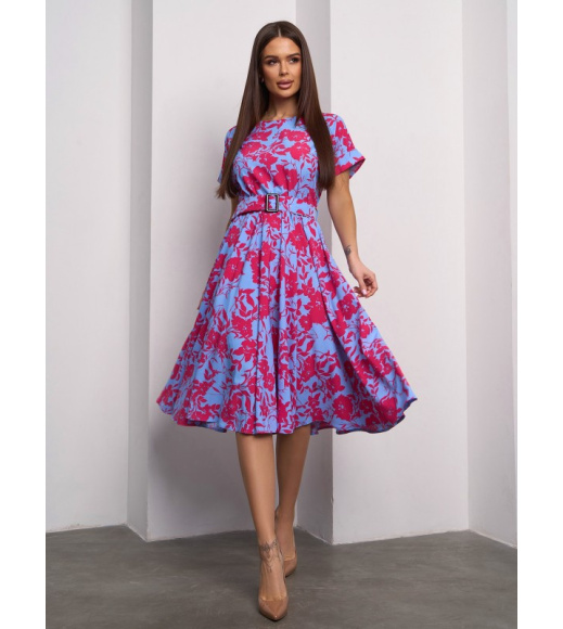 Красно-голубое яркое платье миди длины
