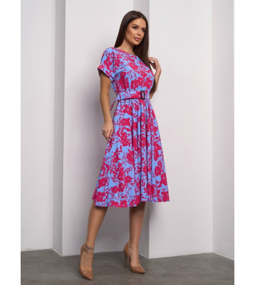 Красно-голубое яркое платье миди длины