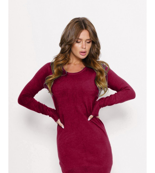 Бордовое ангоровое мини платье-свитер на манжетах