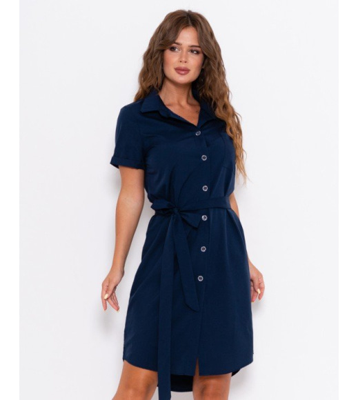 Синє плаття-сорочка з поясом і кишенею